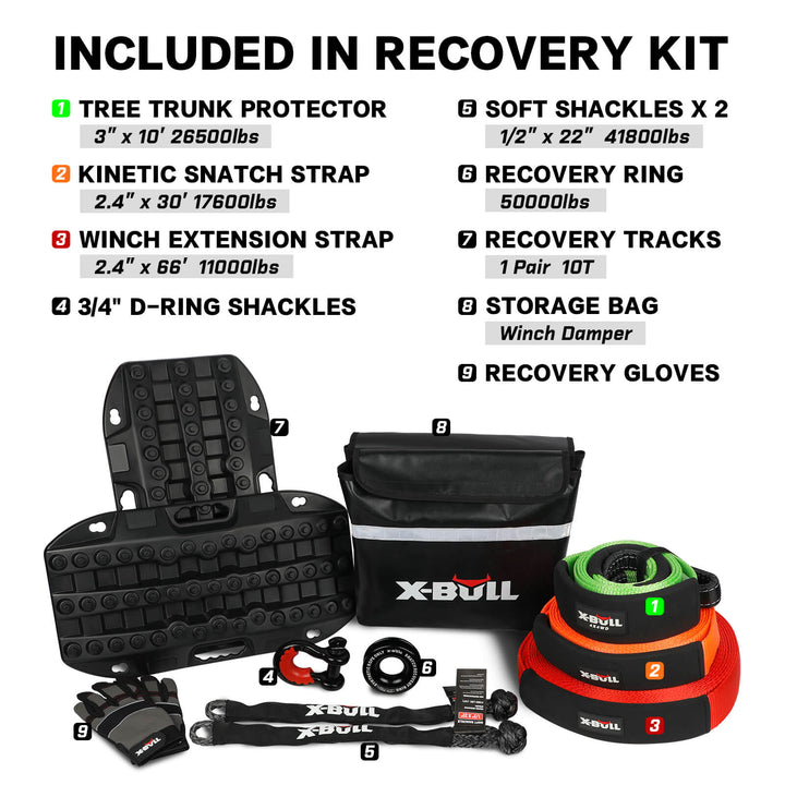 X-BULL 4WD recovery kit with Recovery Tracks Boards kinetic winch snatch strap Soft shackles winch damper Off Road