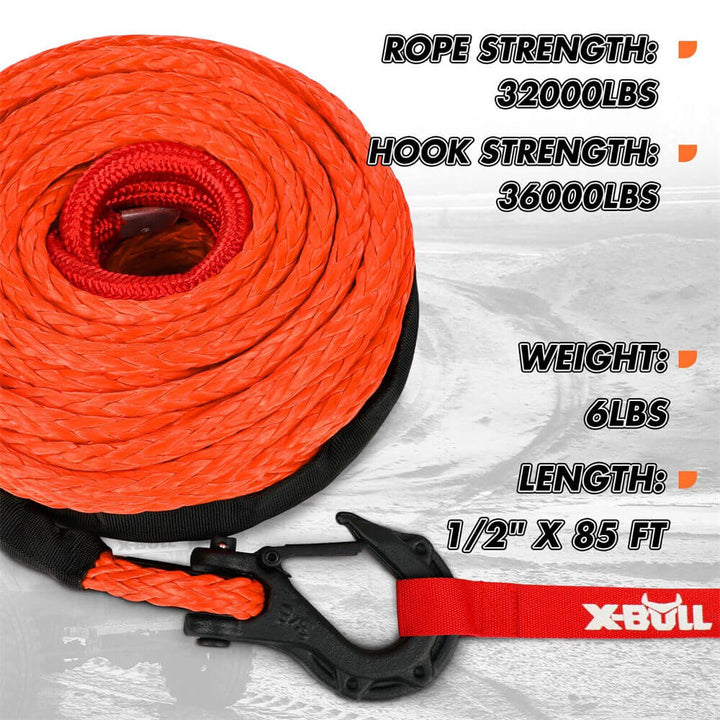 X-BULL 10MM x 26M Synthetic Winch Rope Hook SK75 1/2" 32000lbs 85FT