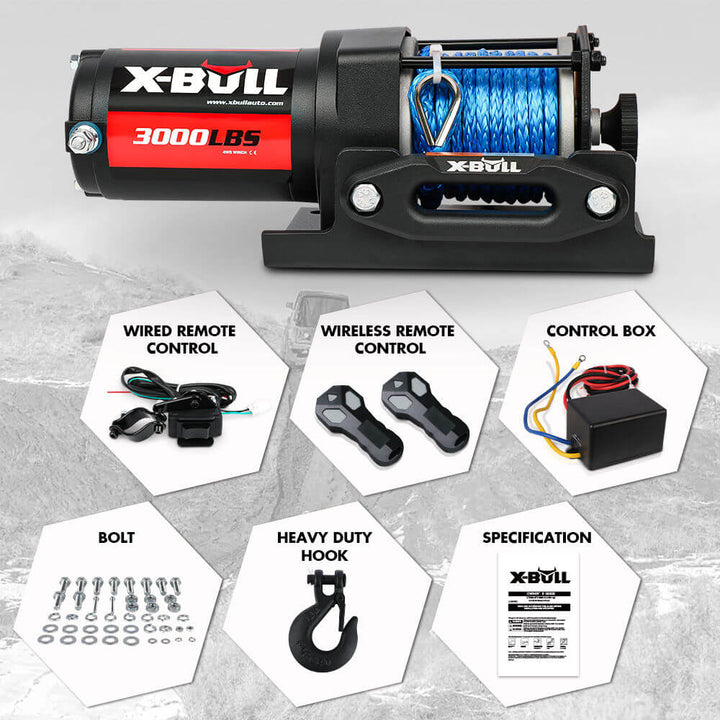 X-BULL Electric Winch 12V Wireless 3000lbs/1360kg Synthetic Rope BOAT ATV 4WD BLUE